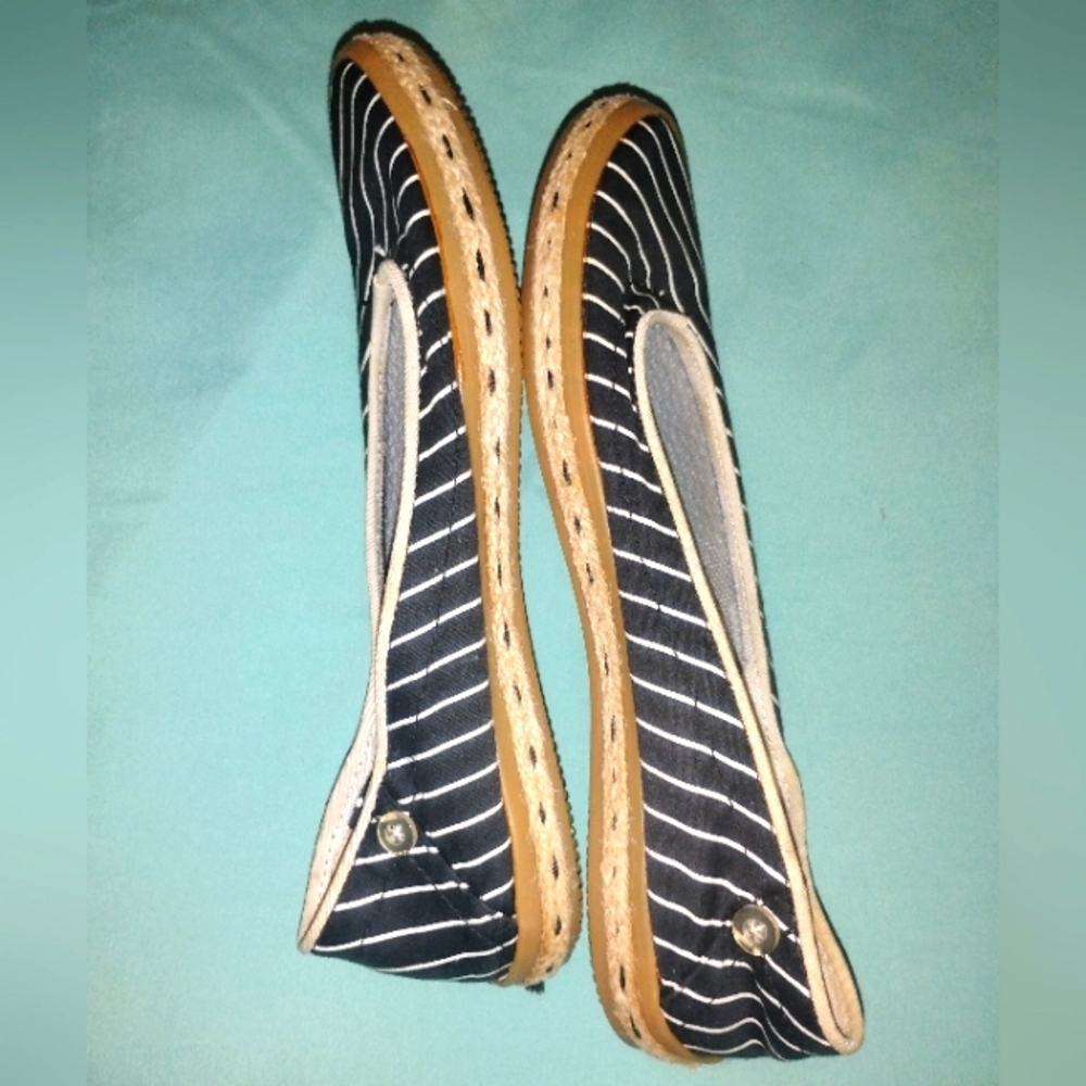 💙🤍 EUC Womens Sperry White Cream Navy Blue Striped Flats Slide Ons Vintage - Picture 2 of 3